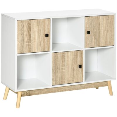 Bookcase Scandinavian design storage unit 3 niches 3 doors particleboard panels white light oak look