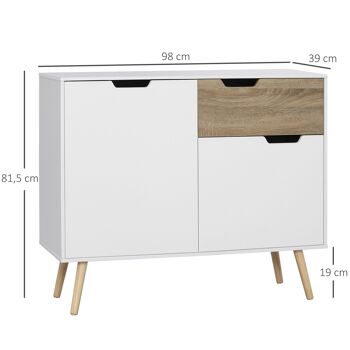 Buffet design scandinave 2 placards tiroir coulissant pieds bois massif pin panneaux particules blanc aspect bois - dim. 98L x 39l x 81,5H cm 3