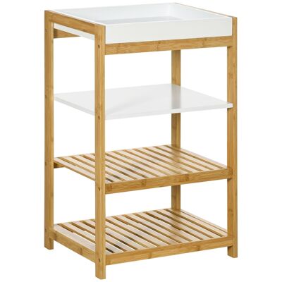 Etagère de rangement 4 niveaux sur pied - 3 étagères, plateau amovible - bois bambou verni MDF blanc