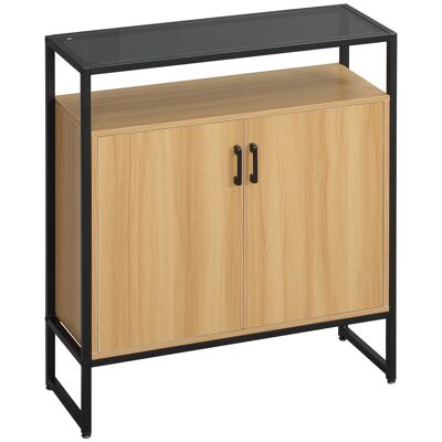 Sideboard storage cabinet 2 doors with 2 shelves smoked tempered glass top black metal frame MDF light wood look