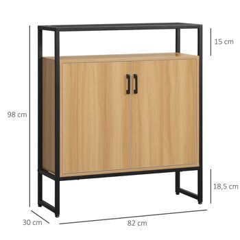 Buffet meuble de rangement 2 portes avec 2 étagères plateau verre trempé fumé châssis métal noir MDF aspect bois clair 3