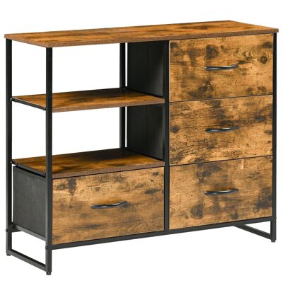 Industrial design sideboard - 4 drawers, 2 niches, top - black steel frame MDF wood look with grain