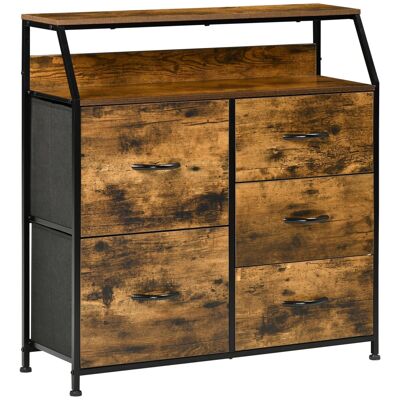Industrial design sideboard - 5 drawers, niche, shelf - black steel frame MDF wood look with grain