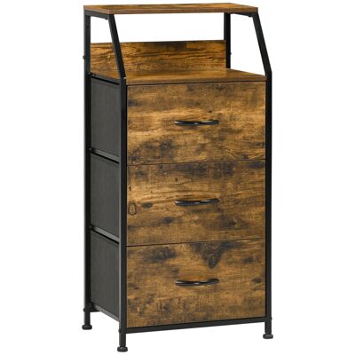 Industrial design column storage unit - 3 drawers, niche, shelf - black steel frame MDF wood look with grain