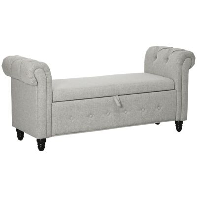 Chesterfield design 2-in-1 storage chest bench curved padded armrests black wood legs gray linen look