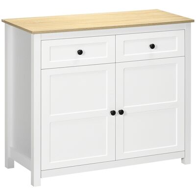 Sideboard mit 2 Türen, verstellbarem Einlegeboden, 2 Schubladen, weiße Spanplatte, helle Holzoptik