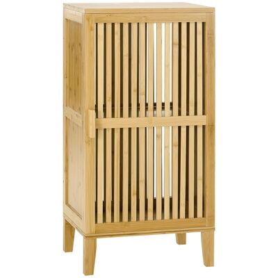 2-level door storage with varnished bamboo wood slatted front shelf