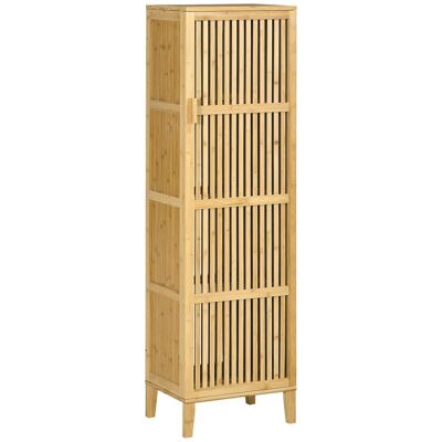 Credenza contenitore anta 4 livelli 3 ripiani frontale a doghe in legno di bambù verniciato