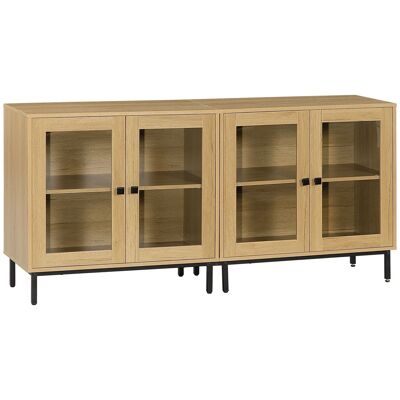 Set of 2 sideboards - 2 x 2 glass showcase doors, 2 shelves - MDF with light oak look and black metal