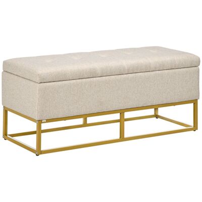 Banco arcón 2 en 1 con almacenaje base acero dorado asiento acolchado tejido beige