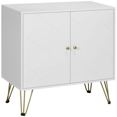 Sideboard, 2 Türen, 2 Regale, Art-Déco-Stil, grafisches Muster, Haarnadelbasis, goldfarbene Metallgriffe, weißes MDF