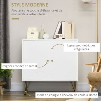 Buffet 2 portes 2 étagères style Art déco motif graphique piètement épingle poignées métal doré MDF blanc 4