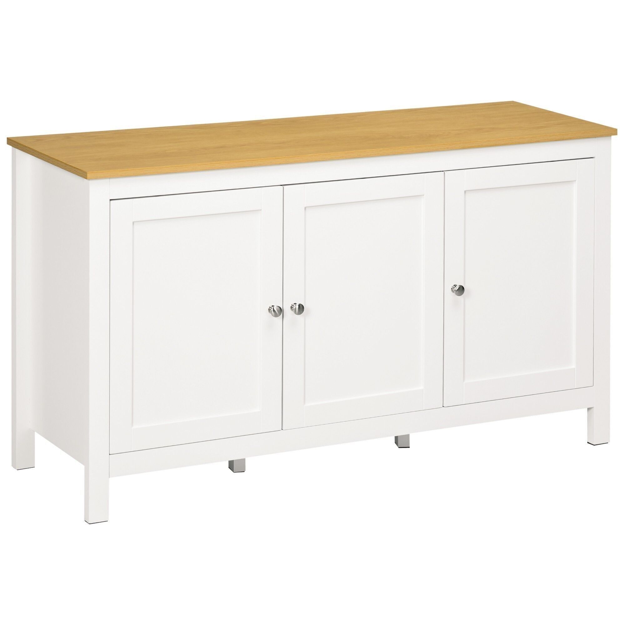 Aparador bajo de estilo clásico chic - 3 puertas, 2 estantes ajustables - Paneles de MDF blanco con apariencia de madera clara