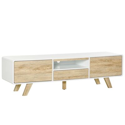 Meuble TV bas sur pied style scandinave 2 portes niche tiroir MDF blanc aspect chêne clair