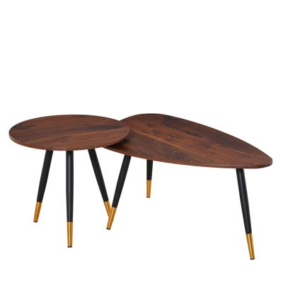 Set of 2 art deco style nesting coffee tables slanted tapered legs black metal gold ends MDF trays dark teak look