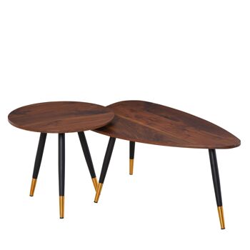 Lot de 2 tables basses gigognes style art déco pieds effilés inclinés métal noir extrémités doré plateaux MDF aspect teck foncé 1