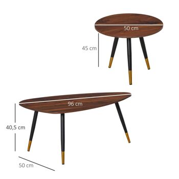 Lot de 2 tables basses gigognes style art déco pieds effilés inclinés métal noir extrémités doré plateaux MDF aspect teck foncé 5