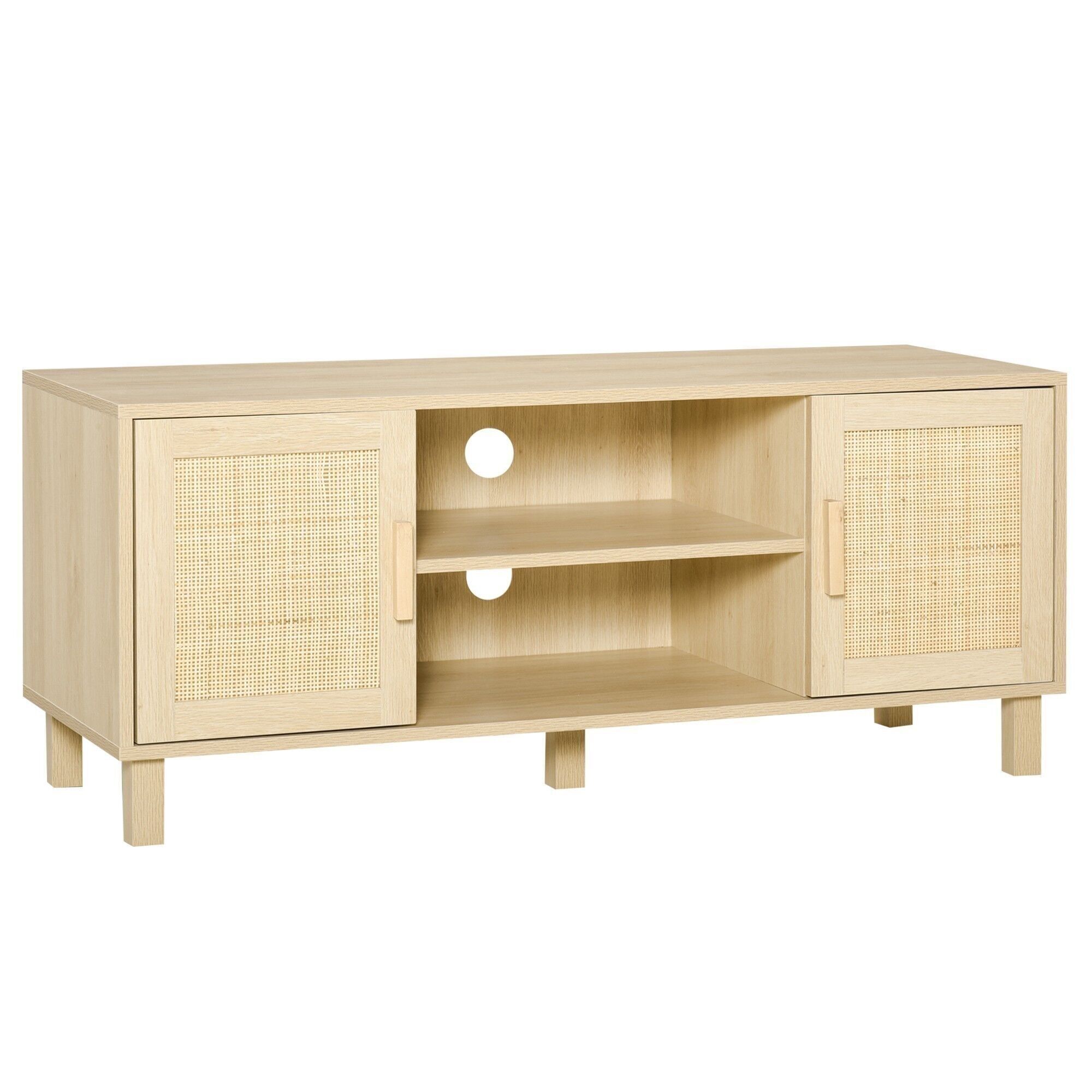 Mueble TV Mueble TV 2 nichos 2 armarios con puerta de caña de mimbre Dim. 115L x 40W x 48H cm MDF aspecto madera clara