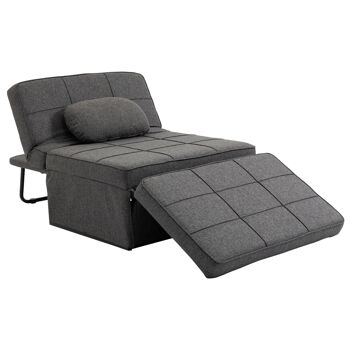 Fauteuil chauffeuse chaise longue pouf 3 en 1 dossier inclinable 5 niveaux repose-pied rabattable châssis métal noir lin gris 1