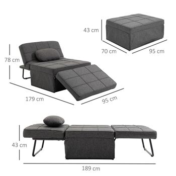 Fauteuil chauffeuse chaise longue pouf 3 en 1 dossier inclinable 5 niveaux repose-pied rabattable châssis métal noir lin gris 3