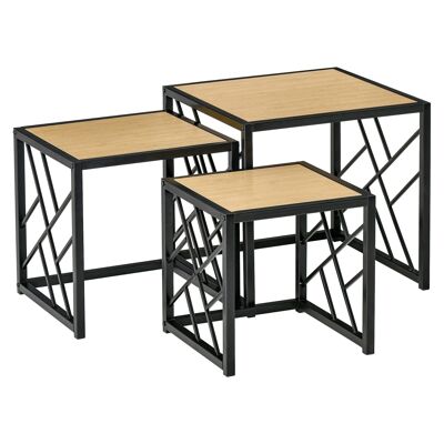 Set di 3 tavolini impilabili, stile industriale, metallo nero, effetto legno chiaro