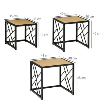 Ensemble de 3 tables basses gigognes encastrables style industriel métal noir aspect bois clair 3