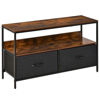 Low TV cabinet on industrial style legs with 2 drawers in rustic brown gray MDF fabric and black metal