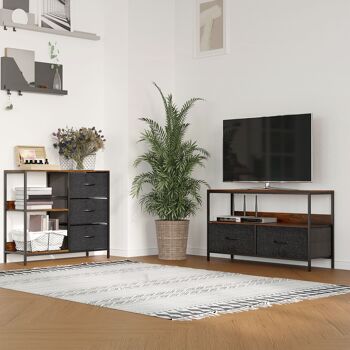Meuble TV bas sur pieds style industriel 2 tiroirs en tissu gris MDF marron rustique et métal noir 2