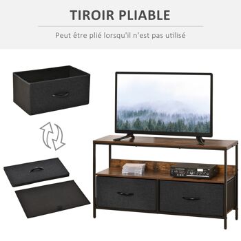 Meuble TV bas sur pieds style industriel 2 tiroirs en tissu gris MDF marron rustique et métal noir 4