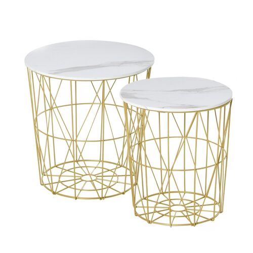 Lot de 2 tables basses gigognes - tables d'appoint rondes encastrables style néo-rétro bicolore structure métal doré plateau MDF aspect marbre blanc
