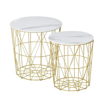 Set of 2 nesting coffee tables - two-tone neo-retro style built-in round side tables golden metal structure MDF top with white marble look