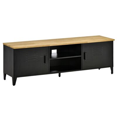 Industrial design TV bench TV unit - 2 cupboards, 2 niches, 2 pass-thru - structure metal sheet base rubber wood top
