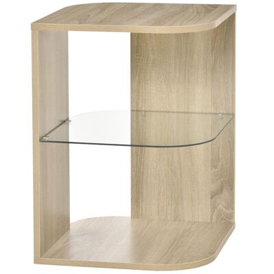 Tavolino dal design contemporaneo con ripiano in vetro temperato effetto rovere chiaro