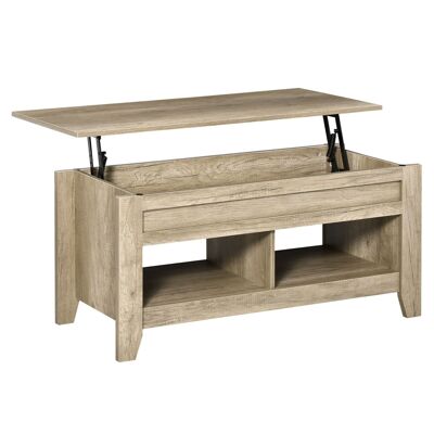 Table basse rectangulaire plateau relevable 2 niches et coffre panneaux particules aspect chêne clair
