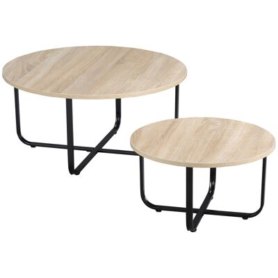 Set of 2 nesting coffee tables industrial design built-in black metal MDF light oak look