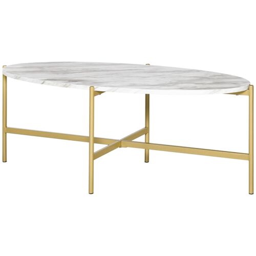 Table basse ovale design style art déco dim. 121L x 51l x 45H cm structure métal doré plateau aspect marbre blanc