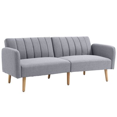 2-seater convertible sofa, Scandinavian design, 3-position reclining backrest, wooden legs, gray linen-look fabric