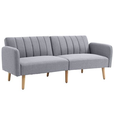 Divano trasformabile 2 posti, design scandinavo, schienale reclinabile in 3 posizioni, gambe in legno, tessuto grigio effetto lino