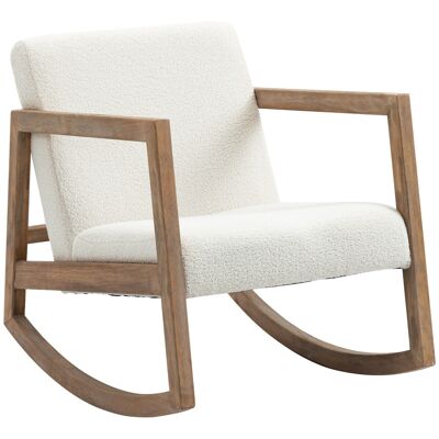 Fauteuil lounge à bascule - assise profonde, dossier incliné - revêtement effet peau de mouton polyester crème - accoudoirs, structure bois hévéa