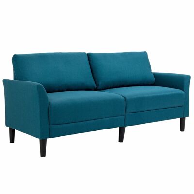 Sofá de 2 plazas de estilo moderno asientos anchos y profundos reposabrazos curvos patas esbeltas caucho negro madera pato azul poliéster