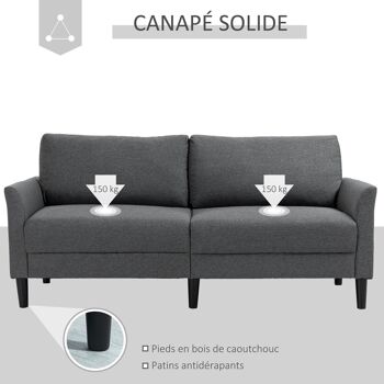 Canapé 2 places style contemporain assises larges profondes accoudoirs courbés piètement effilé bois hévéa noir polyester gris foncé 5