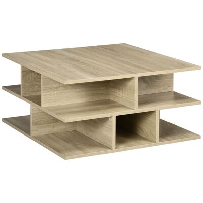 Tavolino dal design geometrico contemporaneo, dimensioni 70L x 70L x 36,5A cm, pannelli di particelle di legno effetto rovere chiaro