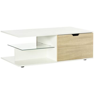 Mesa de centro de diseño moderno 2 cajones 2 nichos estante de vidrio templado paneles blancos aspecto roble claro