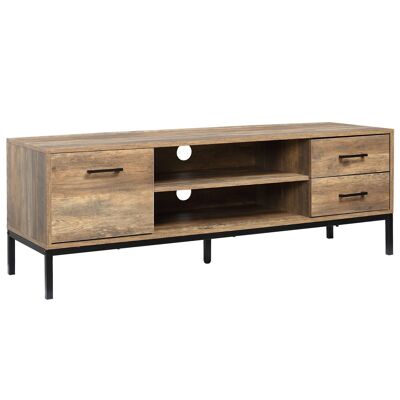 Mueble de TV de diseño industrial Mueble de TV - puerta, 2 cajones, 2 nichos - base de acero negro - aspecto de madera de mango