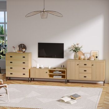 Meuble TV banc TV design industriel - porte coulissante, 2 niches, 2 passe-fils - piètement métal noir panneaux aspect bois clair 2