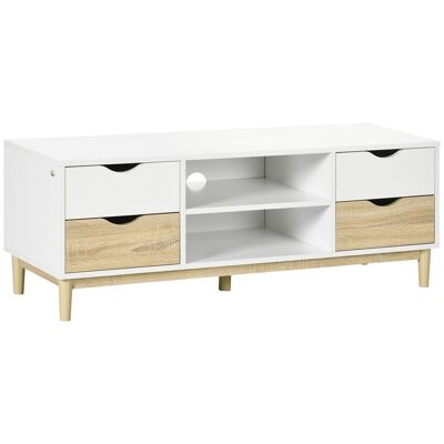 Meuble TV banc TV style scandinave 4 tiroirs 2 niches passe-fils panneaux blanc aspect chêne clair