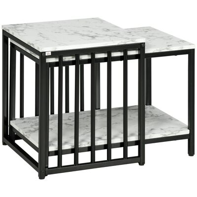 Set of 2 designer nesting coffee tables - black steel white marble look panels
