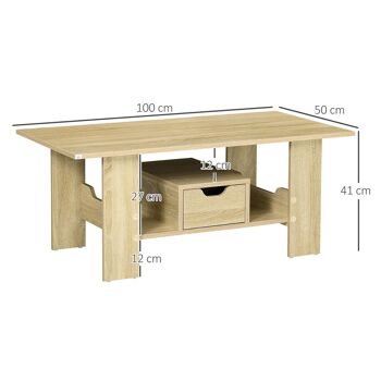 Table basse rectangulaire tiroir coulissant étagère panneaux aspect chêne clair 3