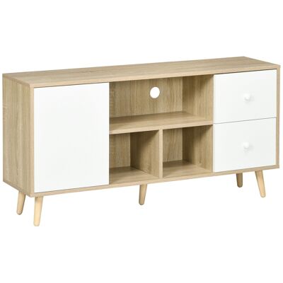 Mueble de TV escandinavo con 3 nichos y 2 cajones, base de madera de pino con aspecto de roble claro blanco