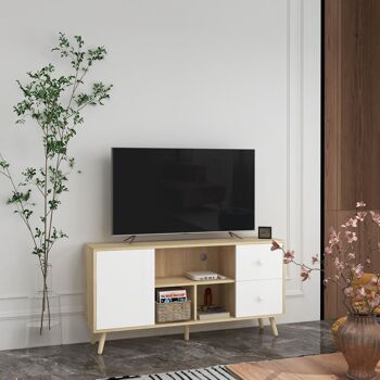 Meuble TV scandinave porte 3 niches 2 tiroirs piètement bois de pin aspect chêne clair blanc 2